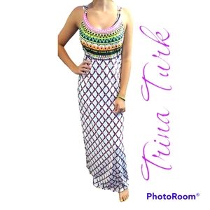 Trina Turk maxi medium sun dress beach vacation backless strappy neon open back